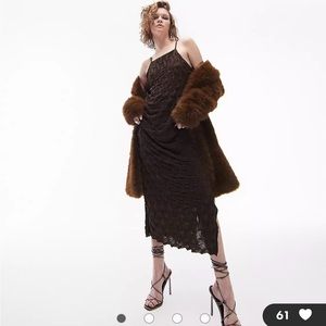 Topshop textured popcorn strappy jersey midi dress in chocolate